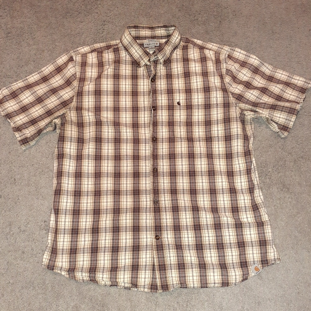 Carhartt Relaxed Fit Men's XLarge Shirt Brown/Tan Short Sleeve Button-Up. Clean
